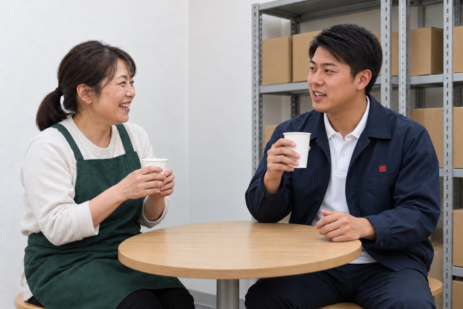 開店前のバックヤードで、店長さんとコーヒーを手に話す藤井