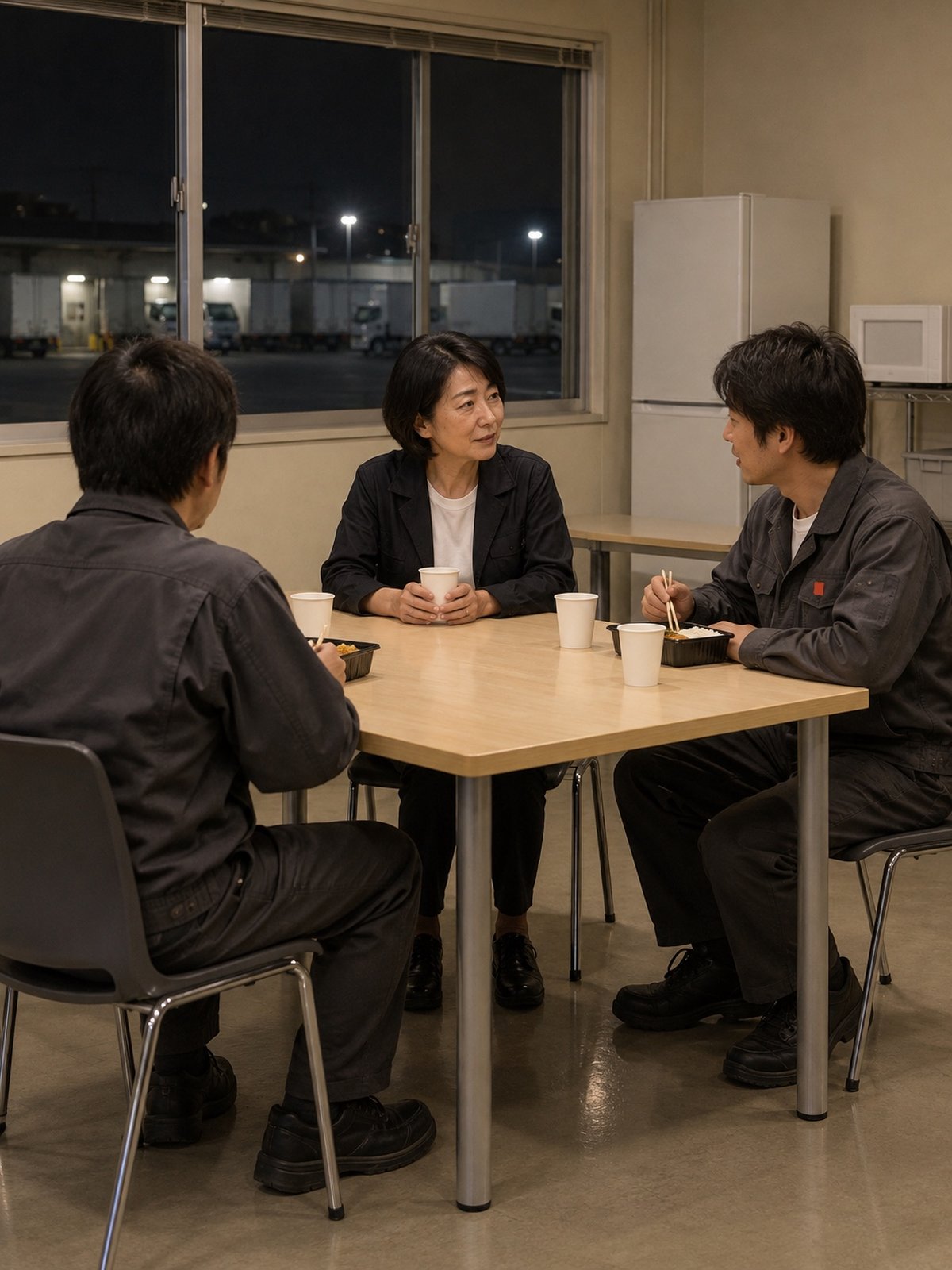 夜のセンターの休憩室で、社員と夜食を囲んで話す代表の小橋