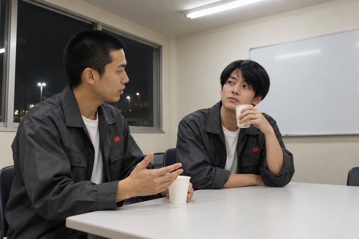 夜の休憩室で、紙コップを手に三宅の話を聞く岡野