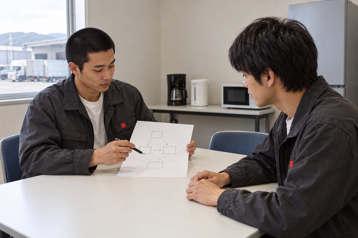 休憩室で、手書きの図を描いて若手に見せる三宅