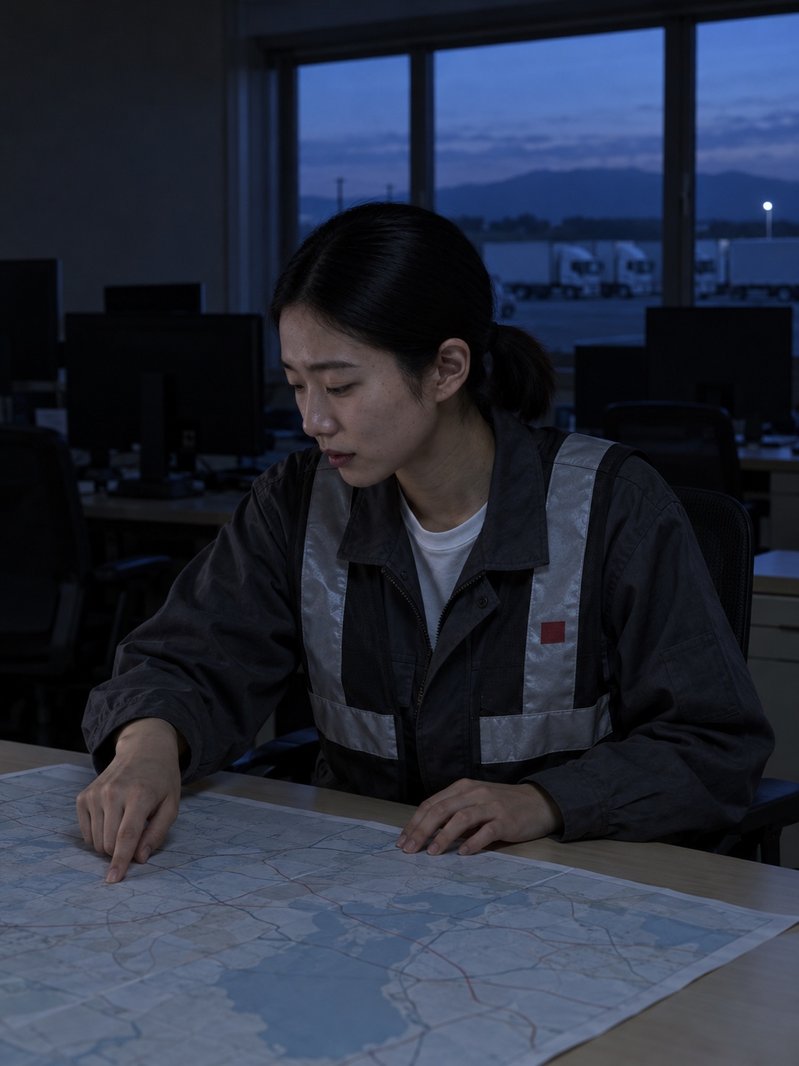 夜明けの配車室で、地図を指でたどる西村 七海