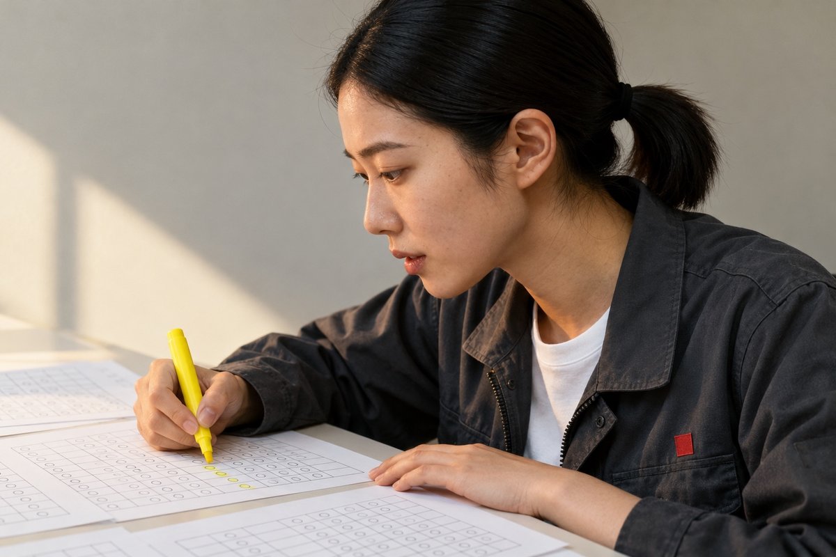 手書きの表に、蛍光ペンで印をつける西村