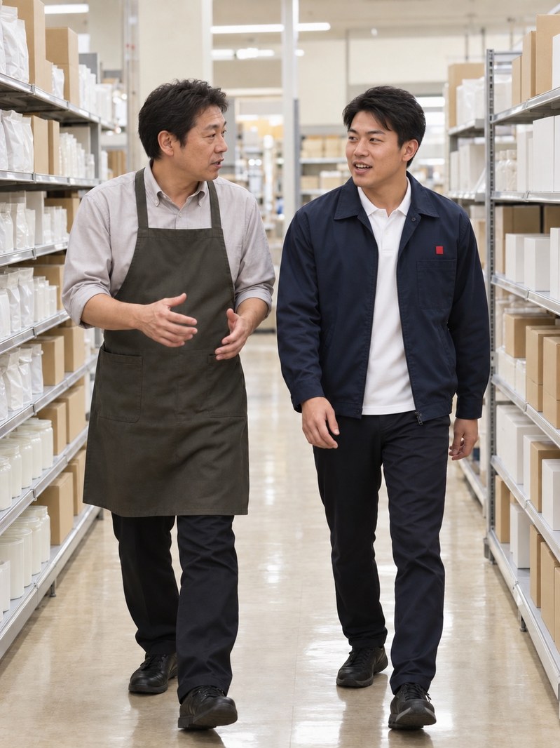 開店前の売り場で、店長と棚の前を歩く藤井 大地