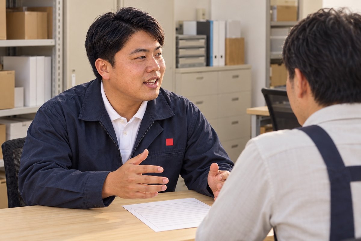 店の事務所で、店長と納品の時刻表をはさんで話す藤井