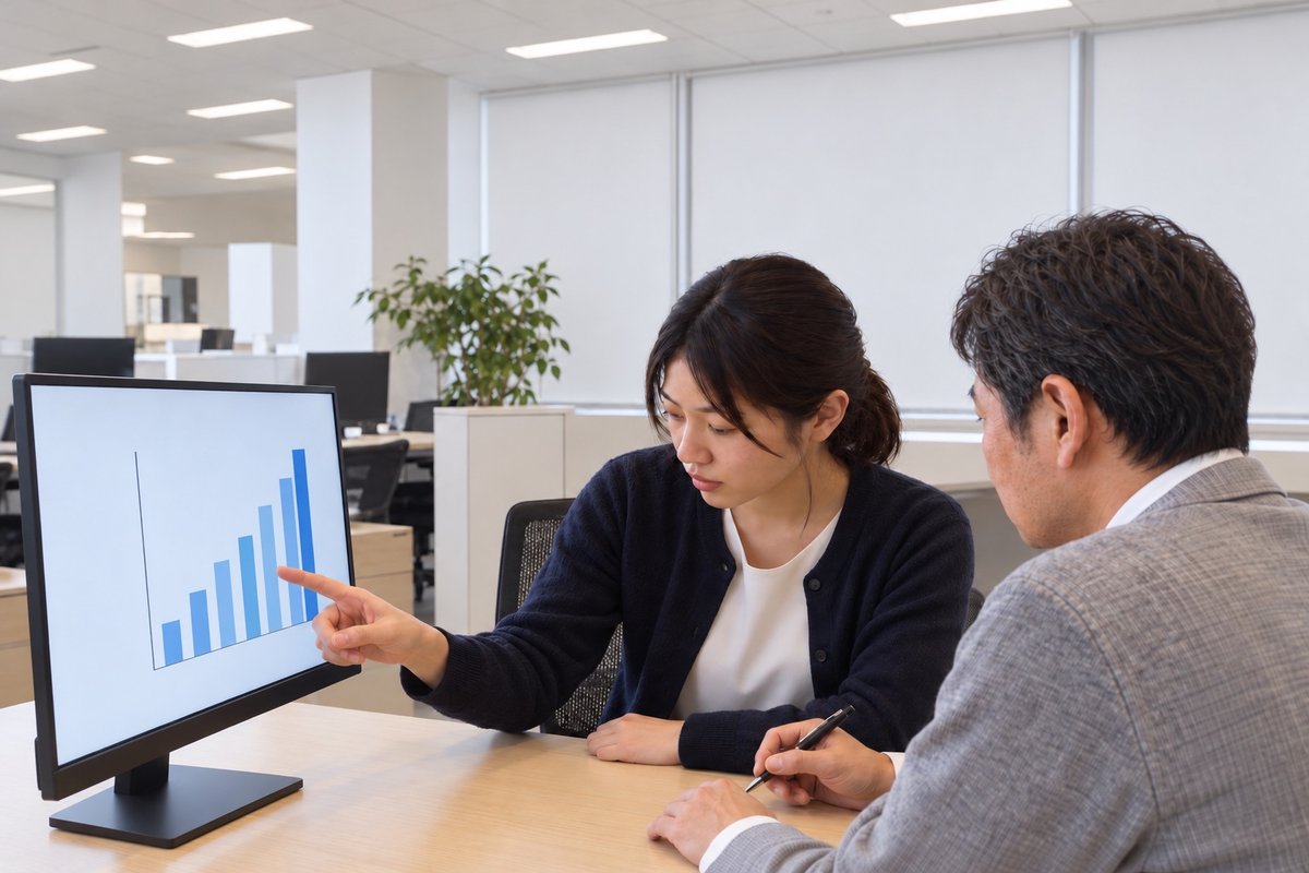 本社で、先輩とモニターのグラフをのぞき込む白石