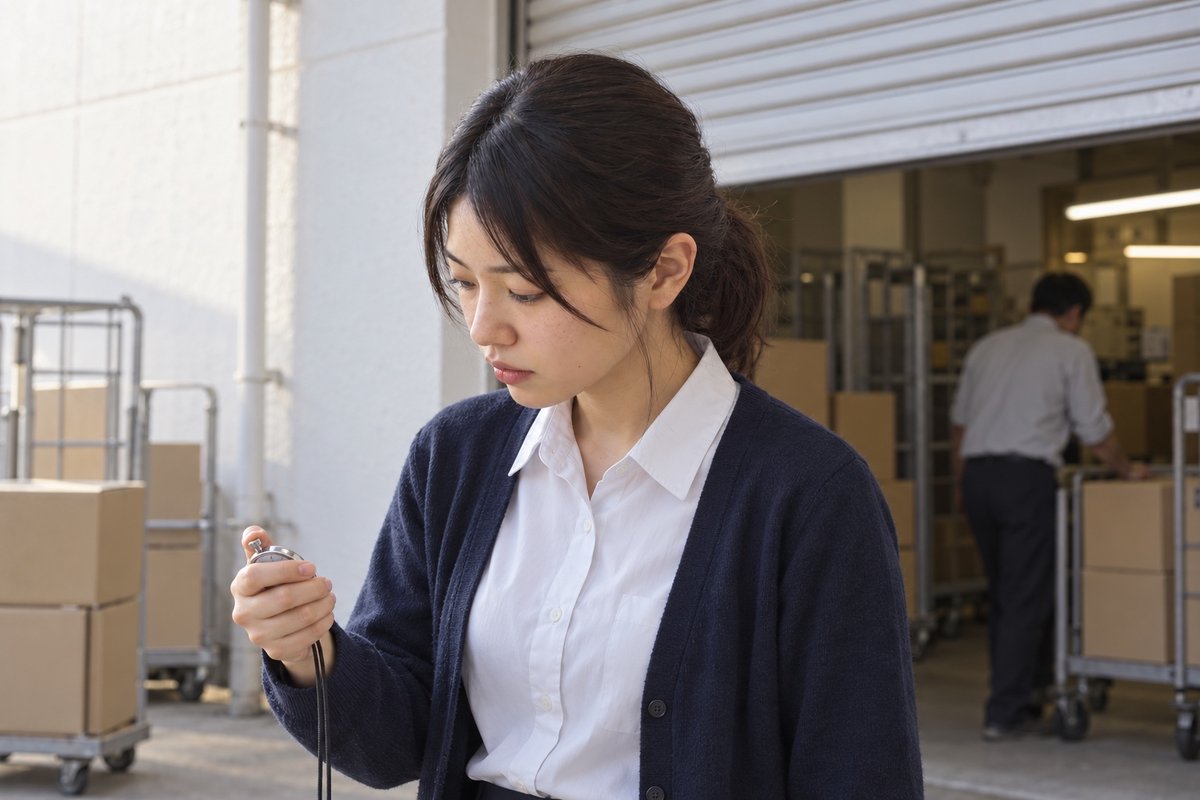 朝、店の裏口のシャッターの前で、荷受けの時間をストップウォッチで測る白石
