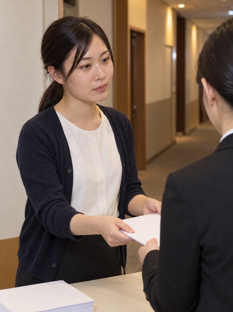 19:00前、説明会の会場の外の廊下で、学生に資料を手渡す平田 美咲