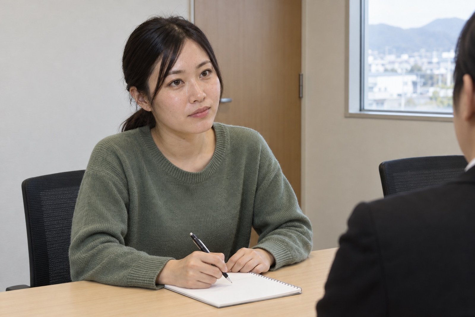 小さな面談室で、ペンを止めて学生の話を聞く平田