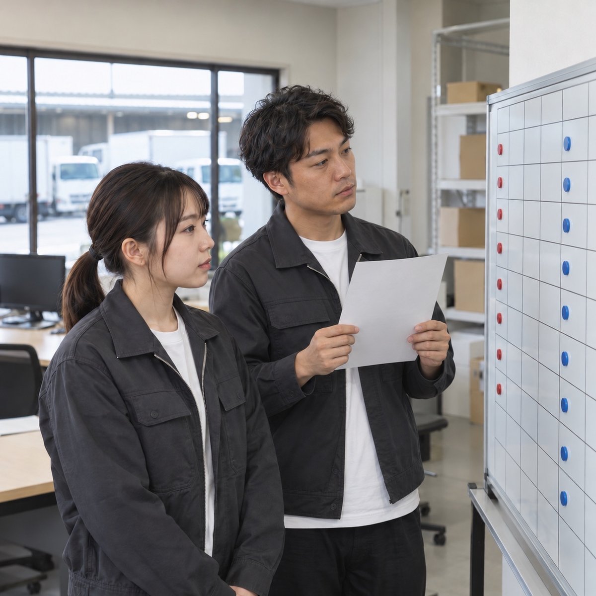 配属先のセンターで相談役の先輩と話す新入社員