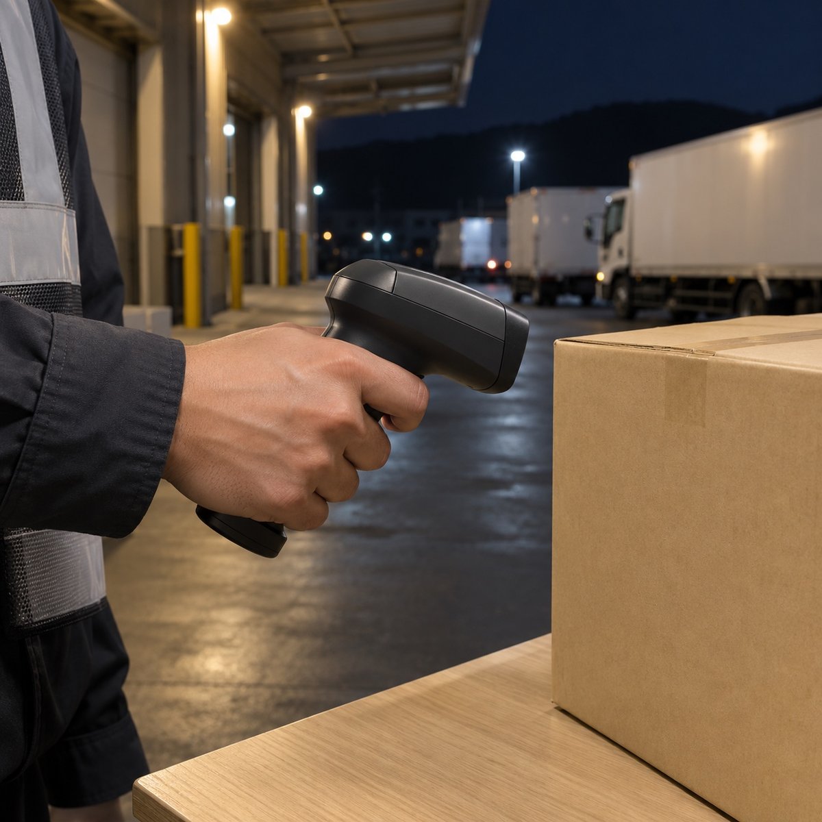 荷物を数えるハンディ端末を持つ手元
